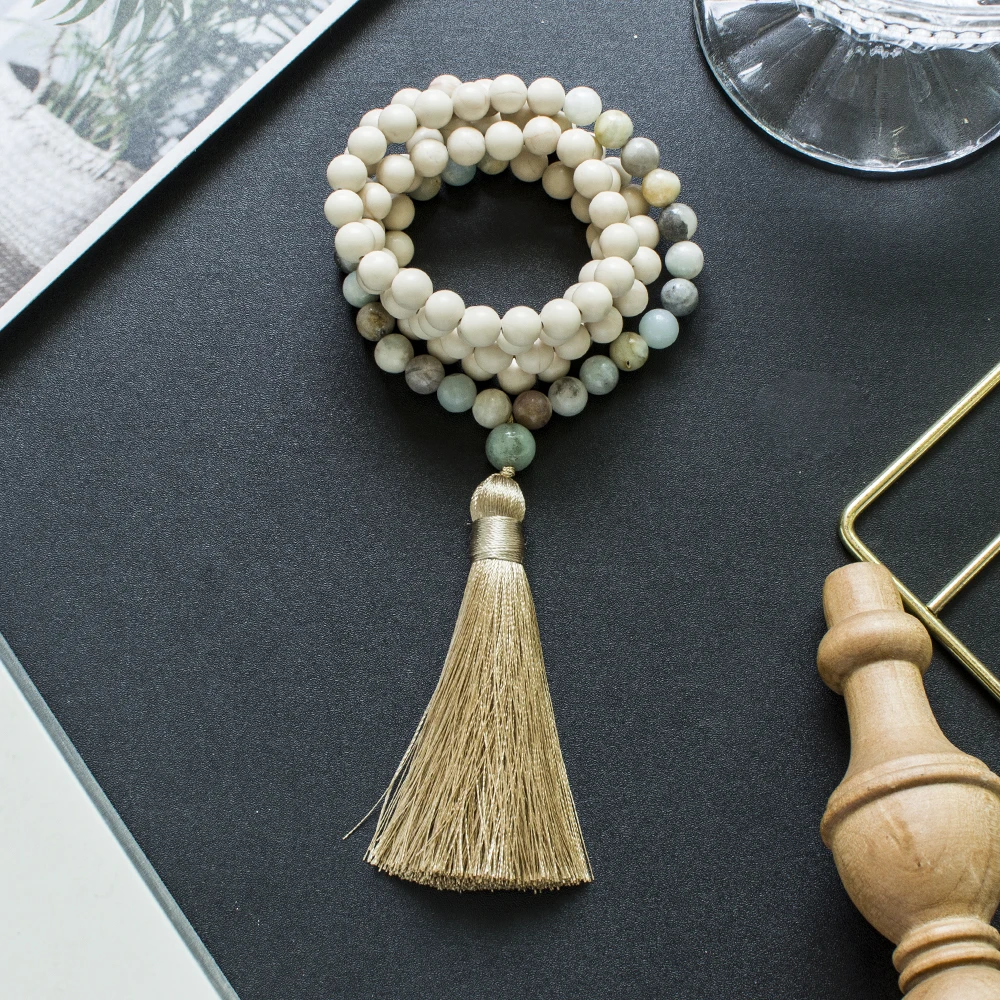 8mm White Fossil Amazonite 108 Mala Beads Necklace Meditation Yoga Japamala Jewelry with Tassel