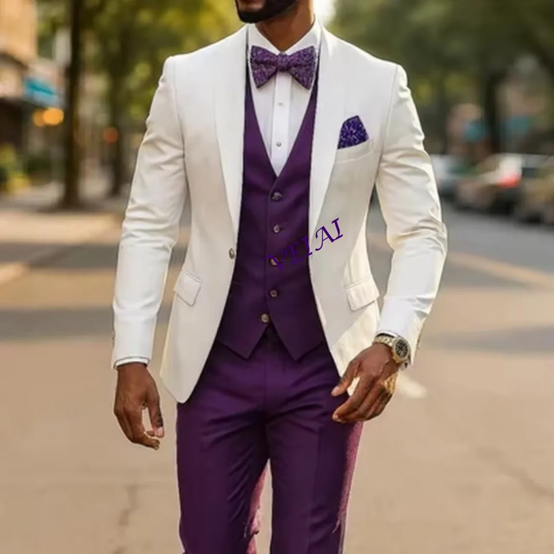 

Индивидуальный белый и фиолетовый мужской костюм для торжественных случаев, жениха, жениха, свадебной вечеринки, выпускного вечера, мужские смокинги, комплект из 3 предметов, блейзер, жилет, брюки
