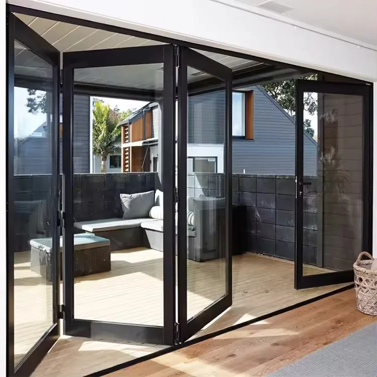 10-letnia gwarancja Hurtownia zewnętrznego patio Szklany stos Bifold Door Czarna składana aluminiowa rama Szklane drzwi akordeonowe