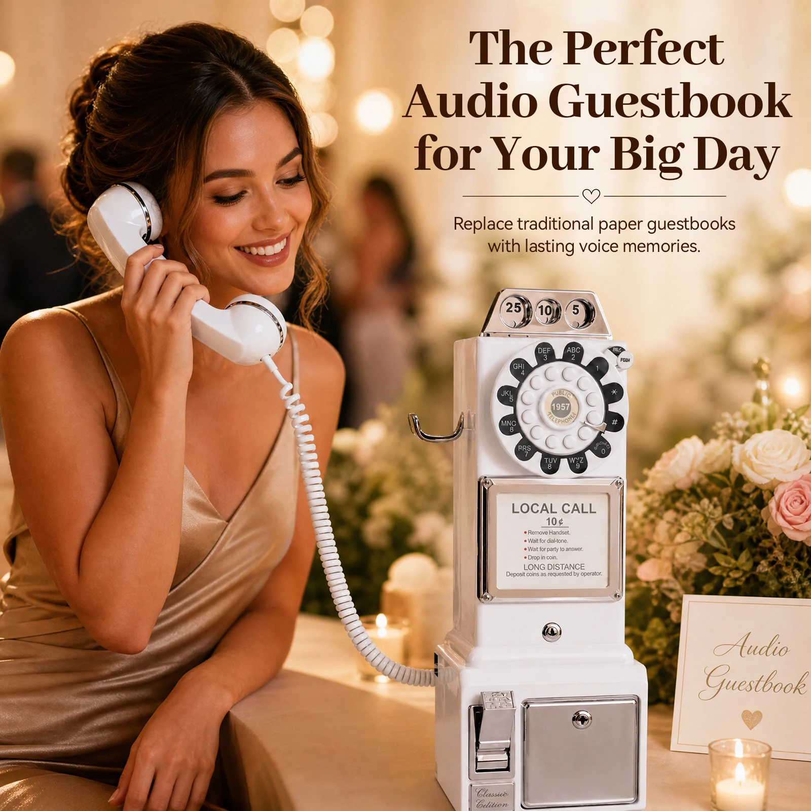 Vintage Rotary Dial Phone Guest Book with Audio Recording for the Wedding Blessings Anniversary Party Keepsake Gifts 32GB Storag