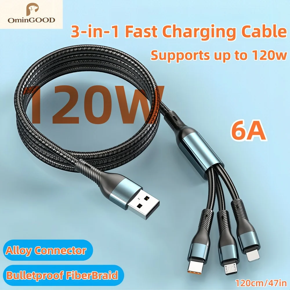 120W 6A 3 in 1 Braided Fast Charging Cable USB C Micro USB Charger Cord For iPhone Samsung Xiaomi Huawei Fast Charge Data Line