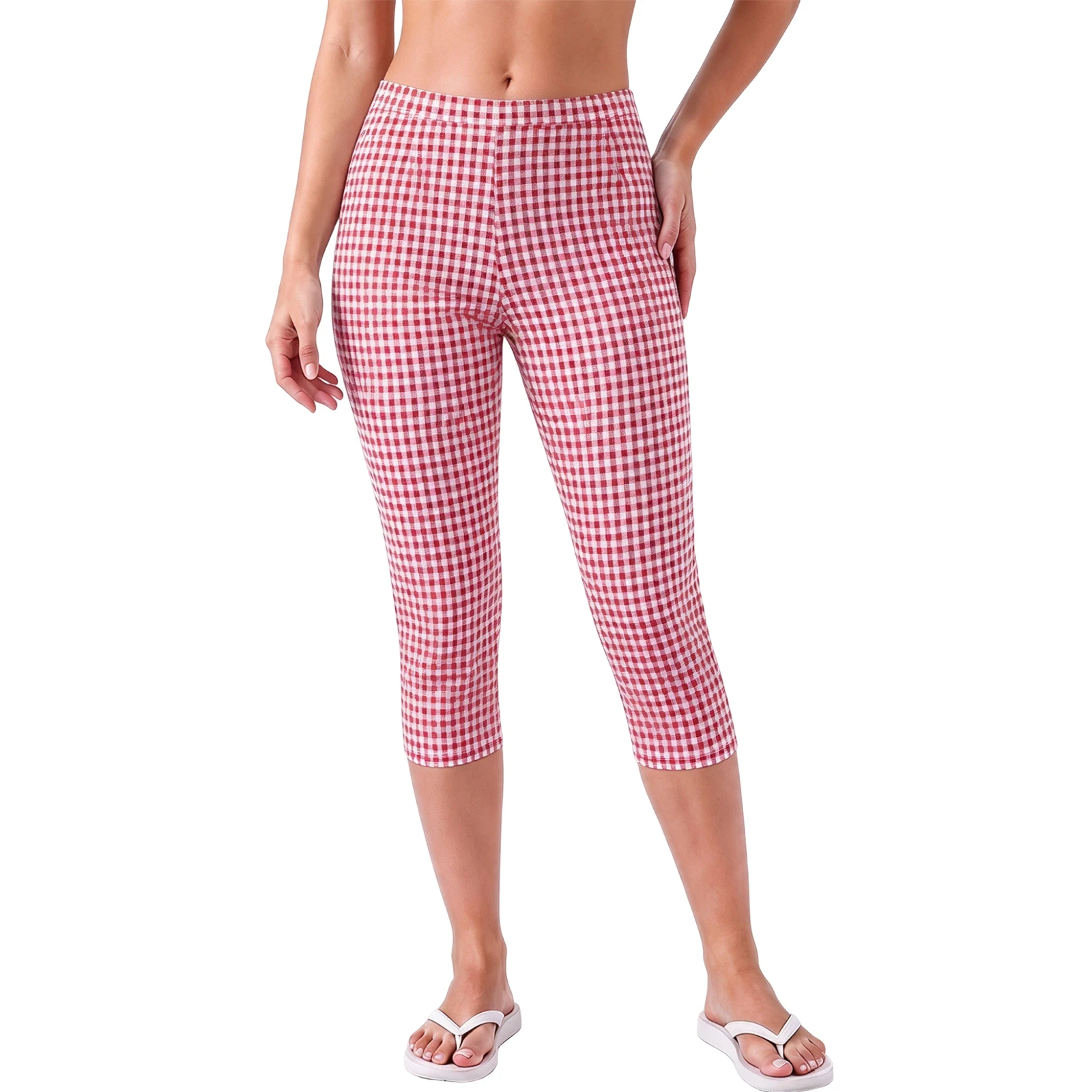 Women Slim Fit Capri Pants Plaid Print Low Rise Side Slit Cropped Leggings
