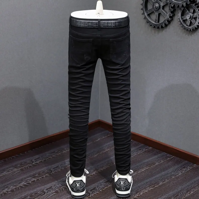 Y2k Moda Nuovi Jeans da Uomo Patchwork Lavato Nostalgico Stretch Dimagrante Retro Azzurro Jeans High Street Hip Hop Marca Sp