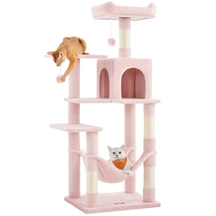 

Cat Tree 55.1-Inch Cat Tower Plush Multi-Level Condo with 4 Scratching Posts 2 Perches Hammock Cave Jelly Pink UPCT161P01