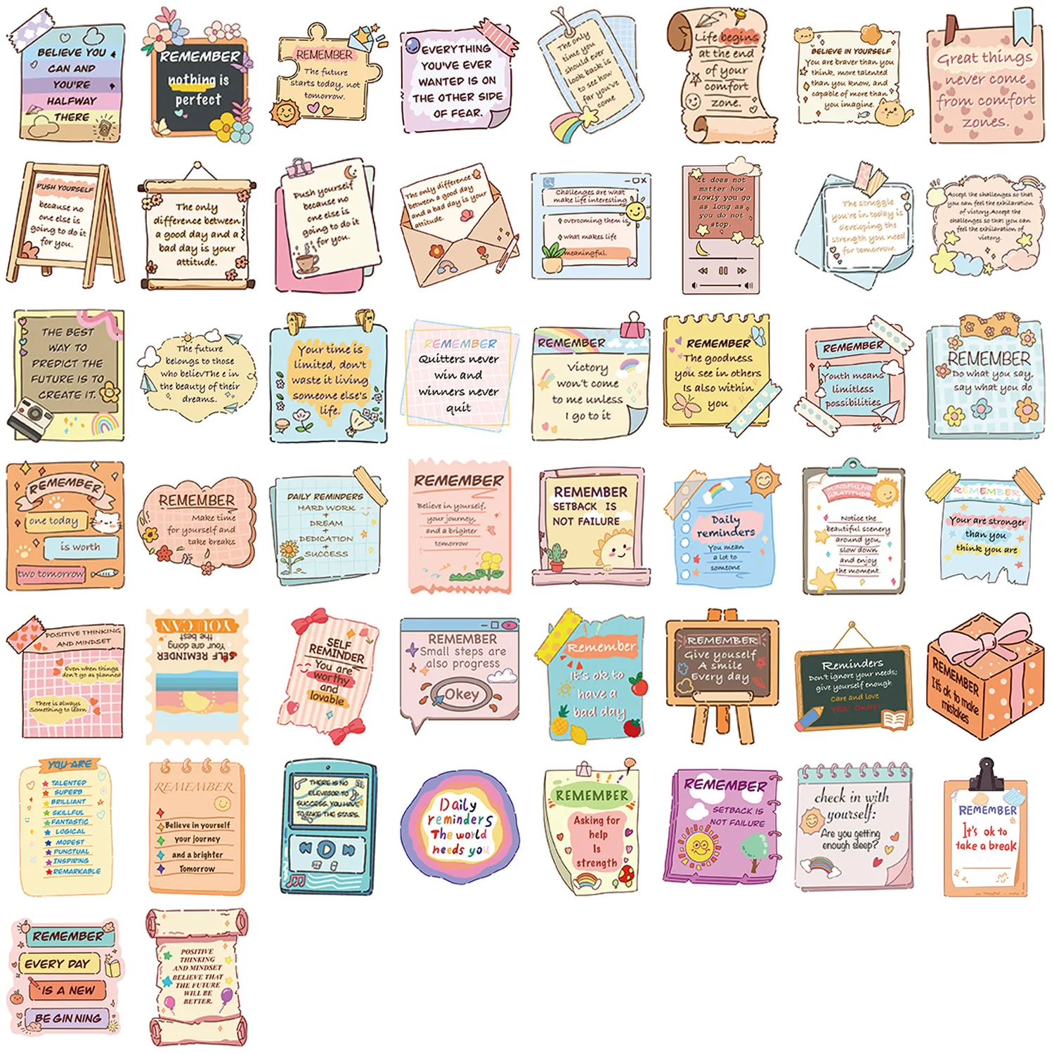 10/50PCS Cartoon Inspirational Short Sentences Stickers Creative Notes Graffiti Decoration Laptop Guitar Phone Skateboard Decals