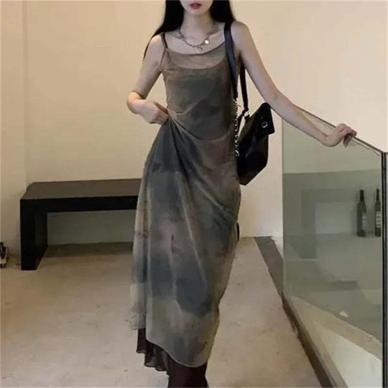 Chic Tie Dye Print Mesh Long Dress  Women Summer Boho Spaghetti Strap Maxi Dresses 2 Piece Set Robe Vestidos De Mujer outfits