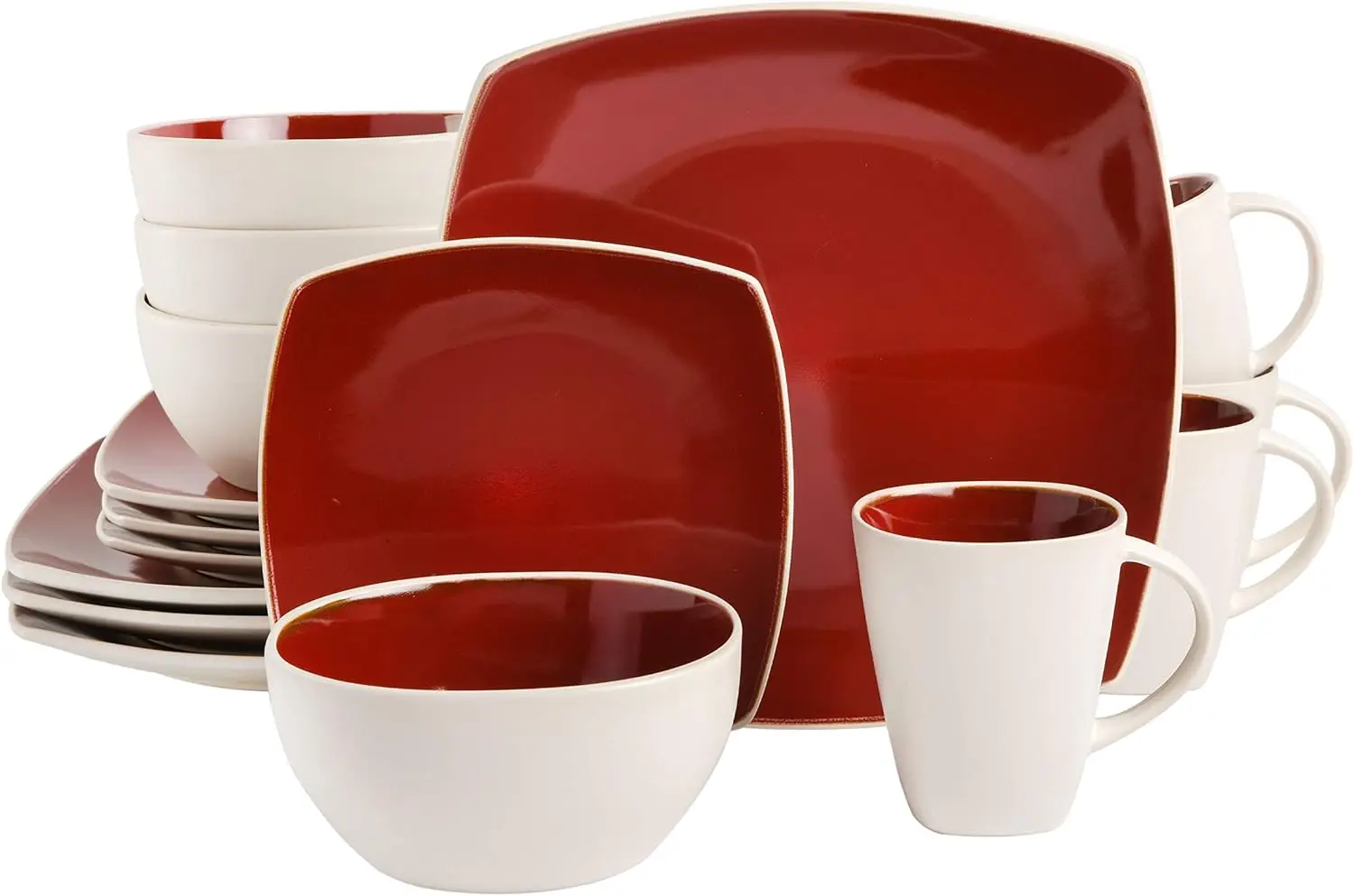 

Square Reactive Glaze Stoneware Dinnerware Set, Service for 4 (16pc), Red/White