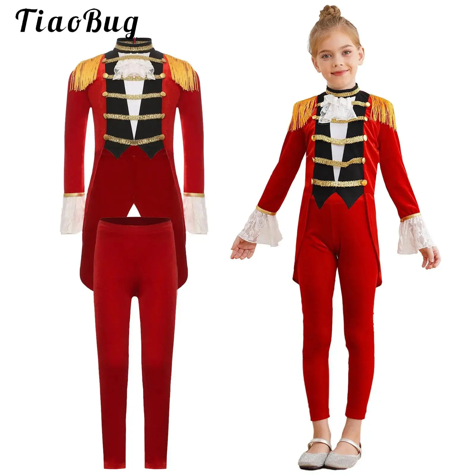 

Girl's Circus Director Cosplay Costume Set Tassel Tailcoat Jacket and Leggings Ringmaster Halloween Carnival Majorette Dress Up