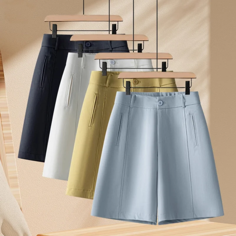 شورت بدلة صيفية للسيدات للملابس الخارجية، شورت مريح عالي الخصر للتخسيس متوسط الطول وضيق ورقيق وفضفاض بخمس نقاط