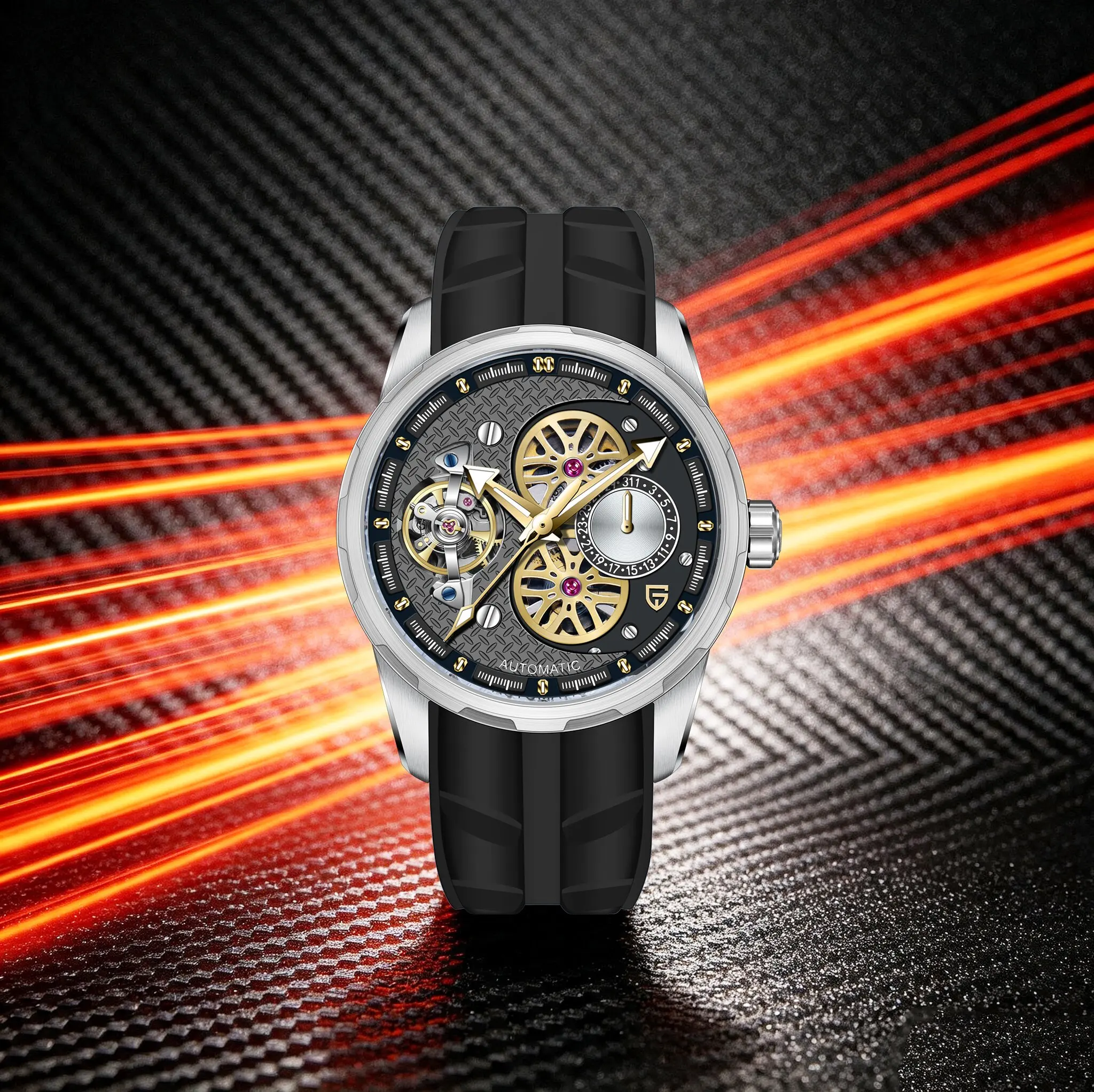 PAGANI DESIGN Skeleton Automatic Watches For Men Dapper Style Rubber Mechanical Watch Calendar Luminous Waterproof Sports Watch
