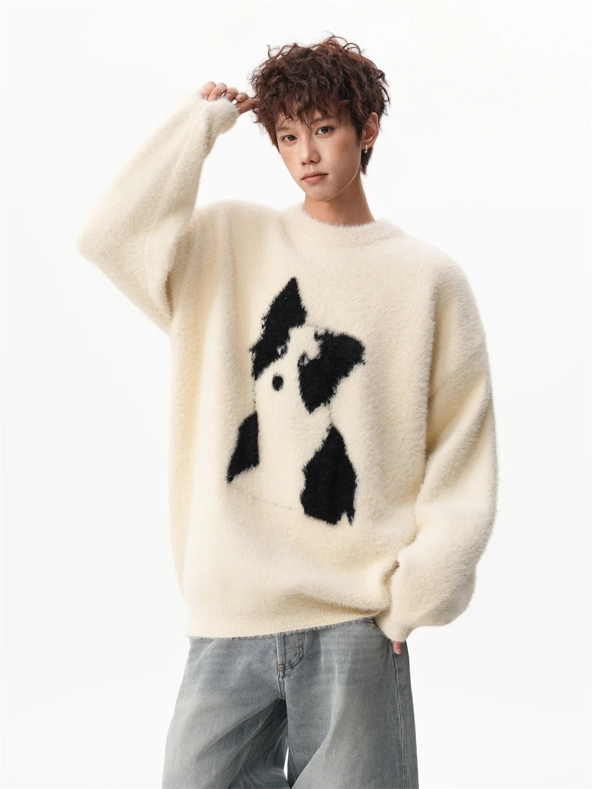 

2026 New Cartoon Dog Sweater Men Winter Loose Knitted Sweater Round Neck Pullover American Trendy Brand Lazy Style Couple Jumper