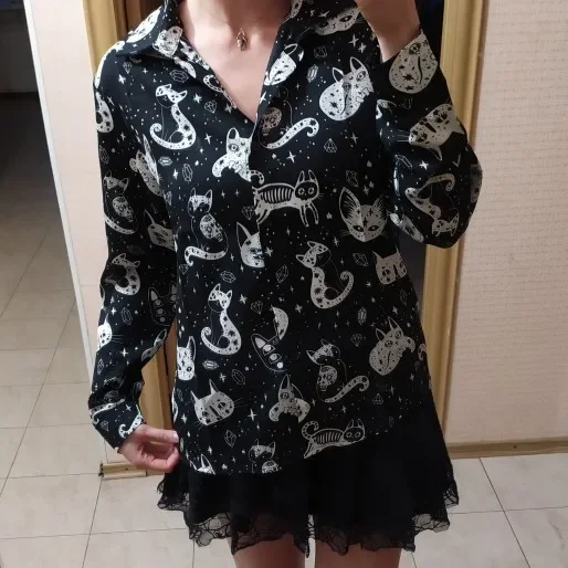 Autumn Spring Women Shirts Black White Cartoon Cat Print Blouses Fashion Slim Long Sleeve Chiffon Shirt Female Tops Blusas Mujer
