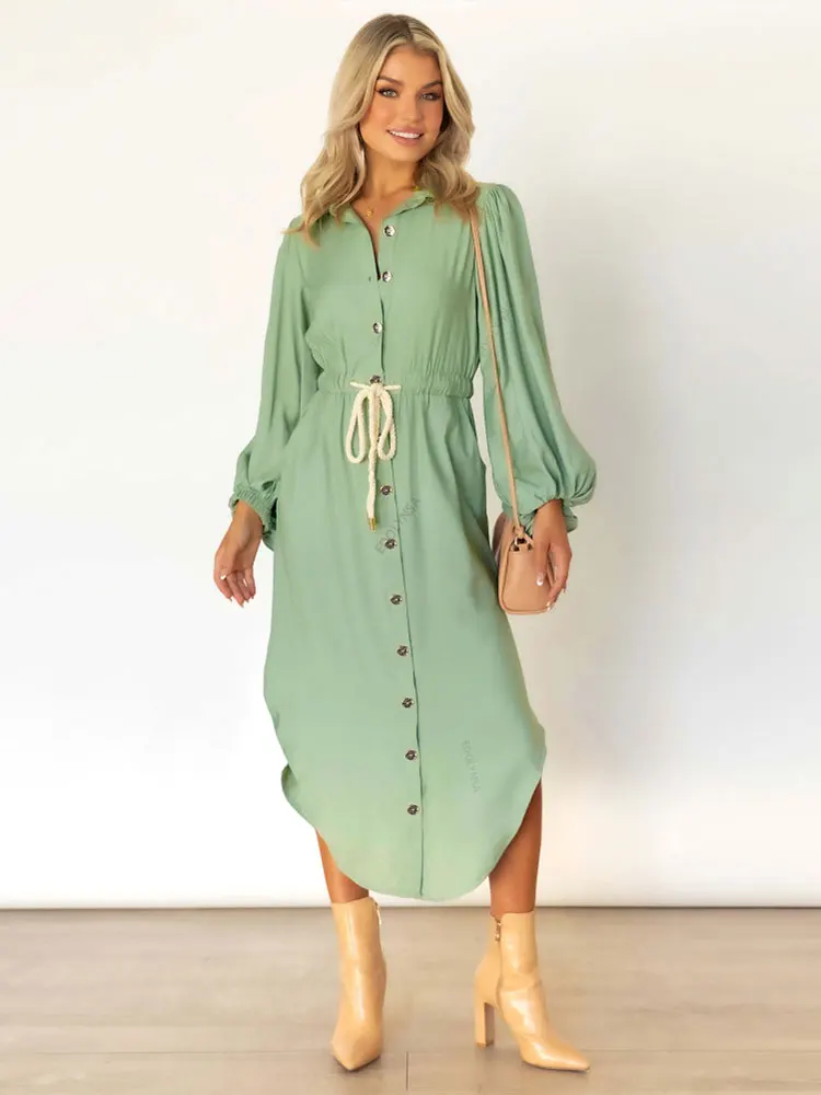 

2023 Sexy Solid Color V-neck Lantern Sleeve High Waist Dress Women Autumn Elegant Elastic Waist Irregular Maxi Dresses A1820