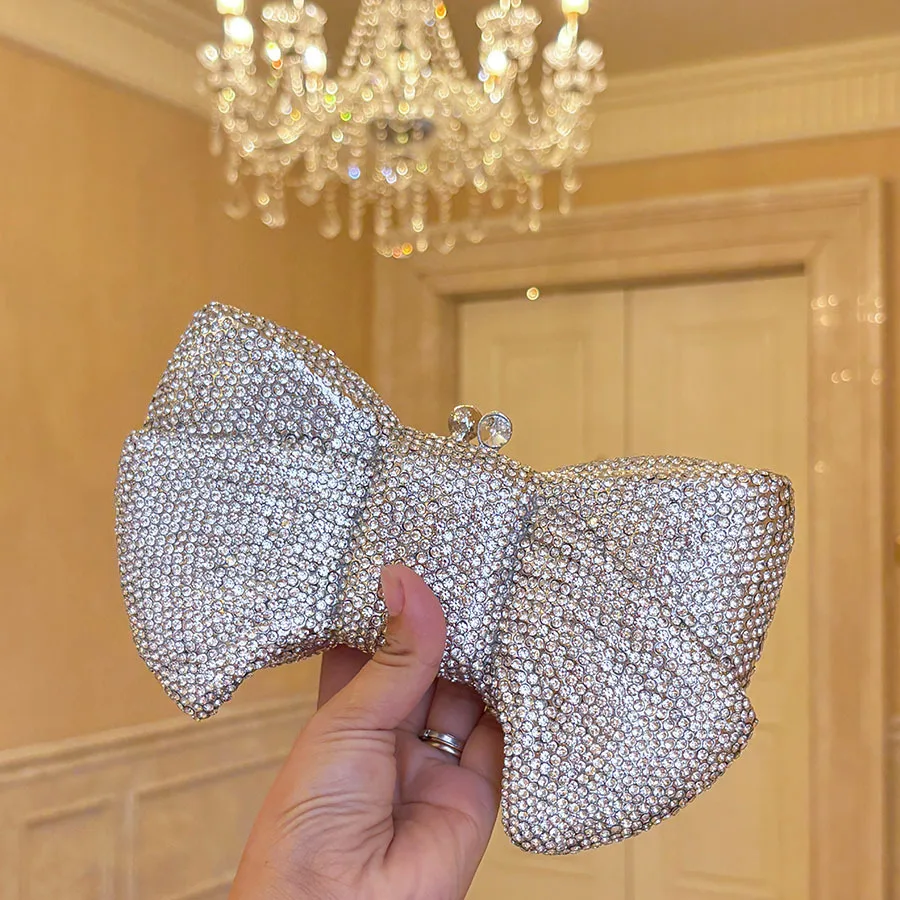 Shining dazzling full of diamonds dinner clutch bag three-dimensional bow sweet gorgeous lock exquisite dinner bag