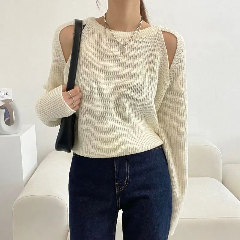 Maglieria da donna chic autunno inverno Morbido rotondo Ne Hollow out Design Long Sve Maglione ampio da pendolarismo Sle Colore puro