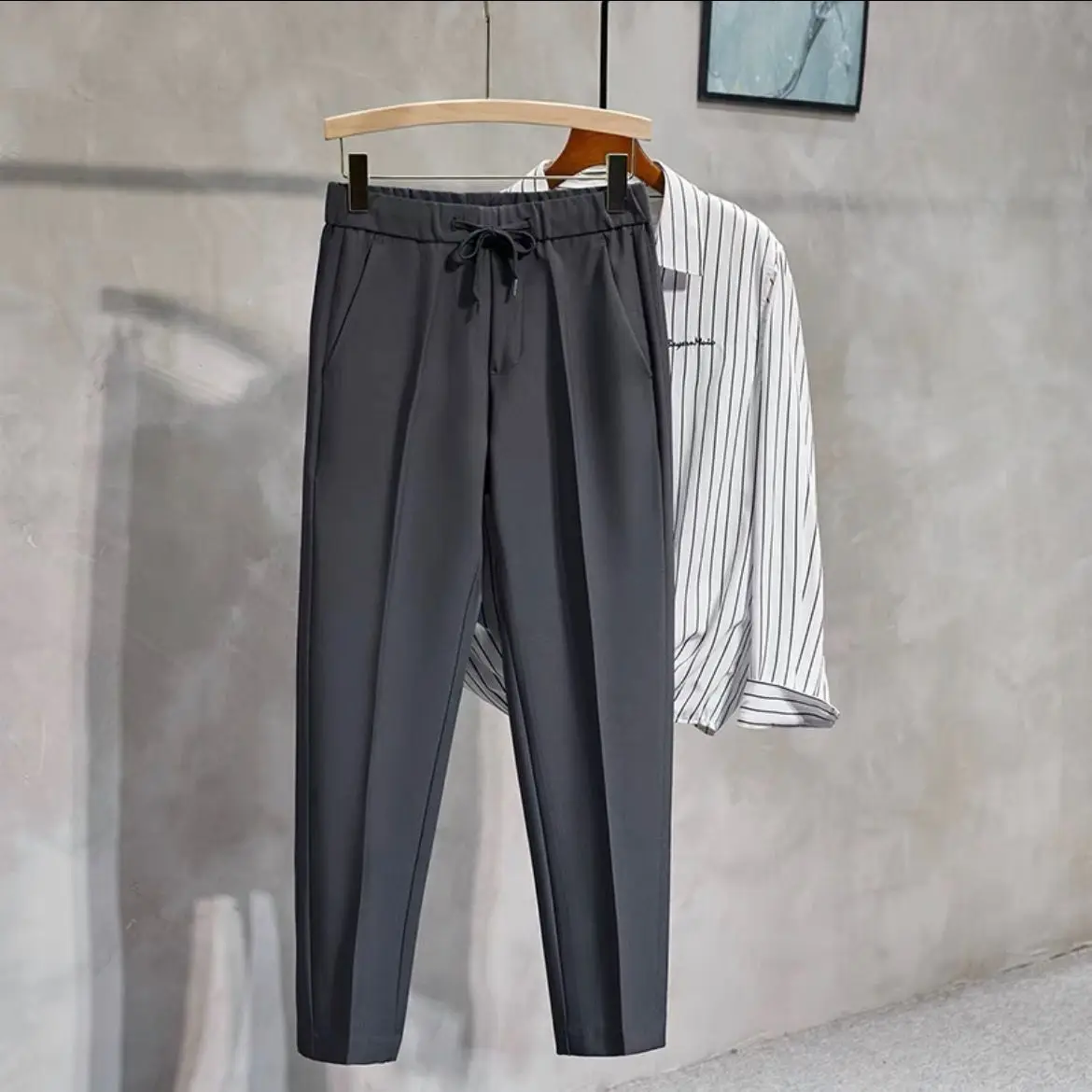 New Hot Sale Men's Tied Waistband No-Iron Straight Leg Casual chic Trousers Spring Autumn Solid Color Slim Fit Trendy Pants