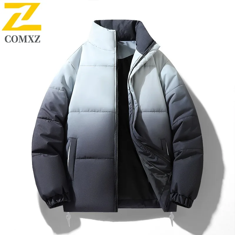 

COMXZ New Winter Gradient Color Padded Thick Warm Cotton Coat Loose Unisex Stand Collar Quilted Jacket lightweight windbreaker