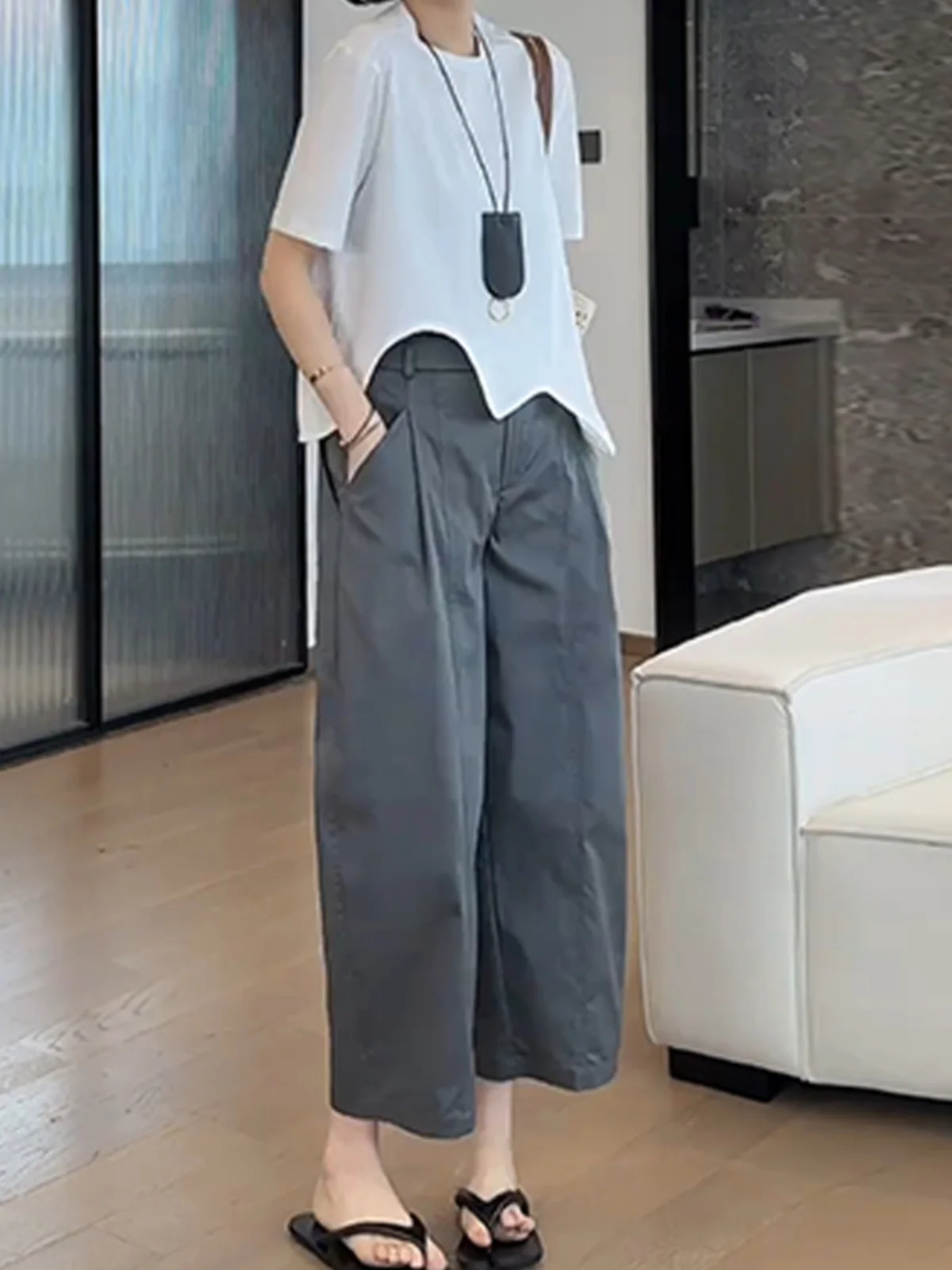 

Summer Faion Outfit Women's Wide Leg Straight Pants ort Sve T-irt Set Irregular Two-Piece Ensemble Polyester Fiber