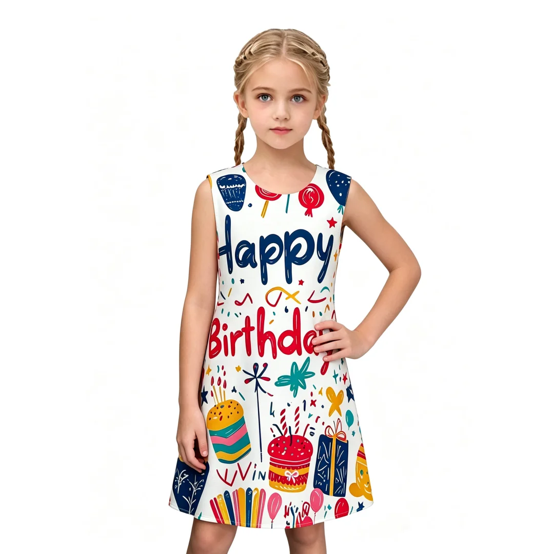 Kids Sleeveless A‑Line Dress Vintage Floral Cat Print Light Cute Stylish Soft Comfy Outfit for Beach and Casual Daily Wear
