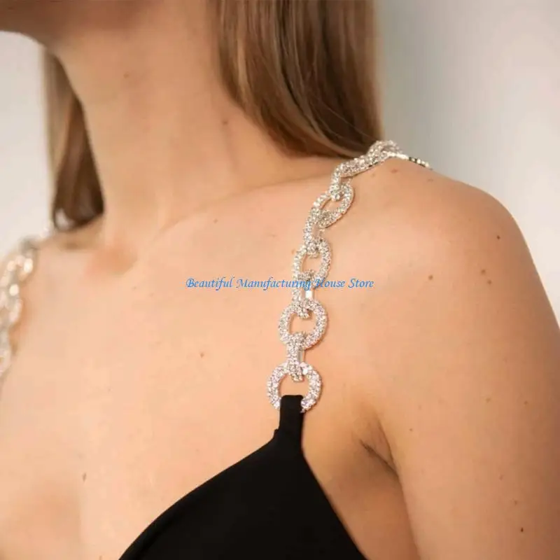 

E56A 1 Pair Metal Rings Shoulder Strap with Rhinestones Detailing Bra Underwear Chain