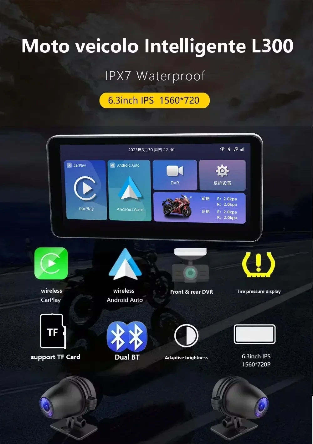 6.3'' Linux Motor Motorcycle GPS Carplay Touch Screen Display IPX7 Waterproof Wired Wireless BT Android Auto Monitor DVR TPMS