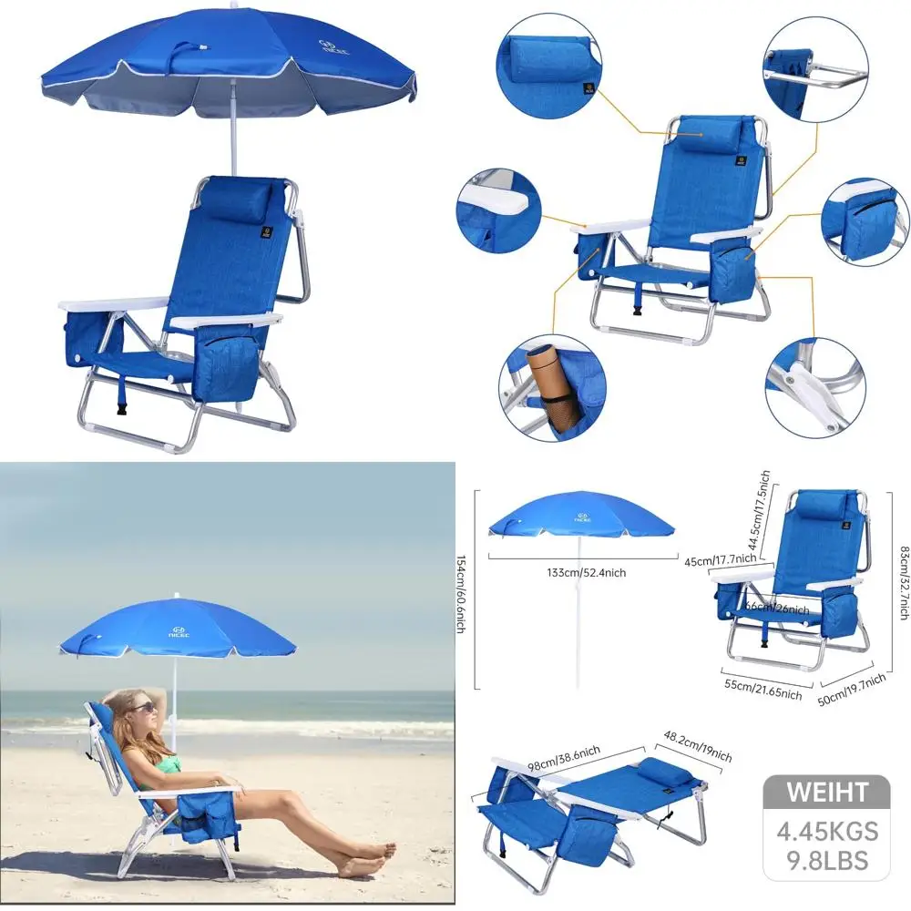 

Camping Beach Chair with Blue Backpack Cooler, Umbrella, and Cup Holder for Outdoor Adventures, Travel, Picnic, and BBQ