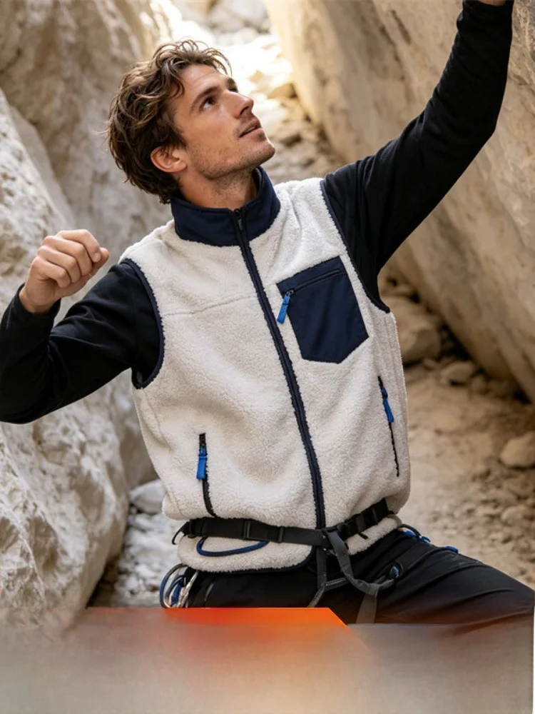 Thickened Lamb Velvet!! Autumn Winter Outdoor Men's  Color Warm Stand Collar Fleece Vest Jacket Polyester Fiber 100%