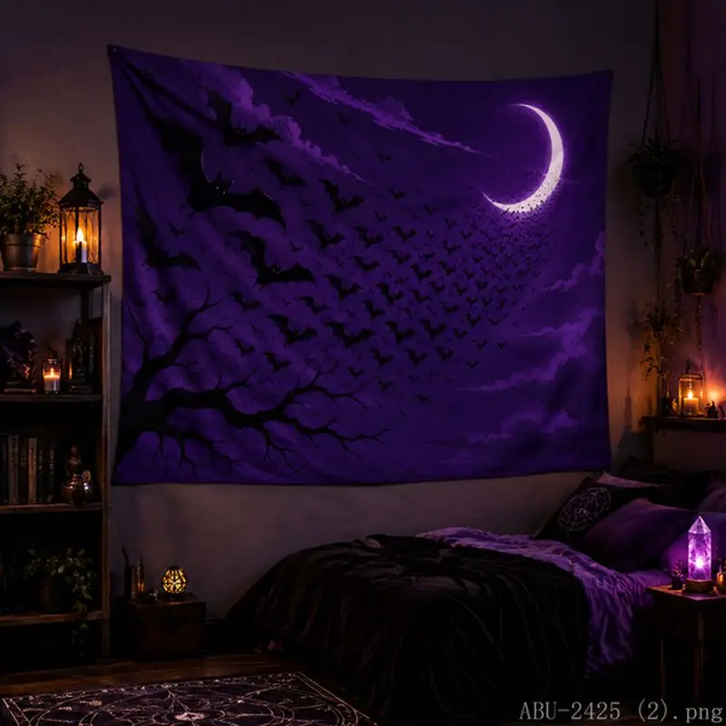 VIKAMA Purple Mist Bending Moon Withered Trees Bats Gothic Tapestry Tea Room Quiet Atmosphere Living Room Decoration