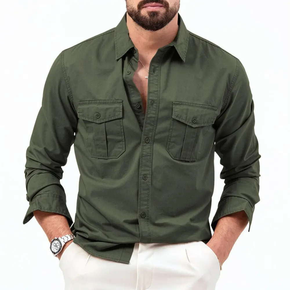 Mens Long Sleeve Shirt Tactical Multi Pocket Spring Autumn Casual Slim Fit Breathable Outdoor Utility Tops