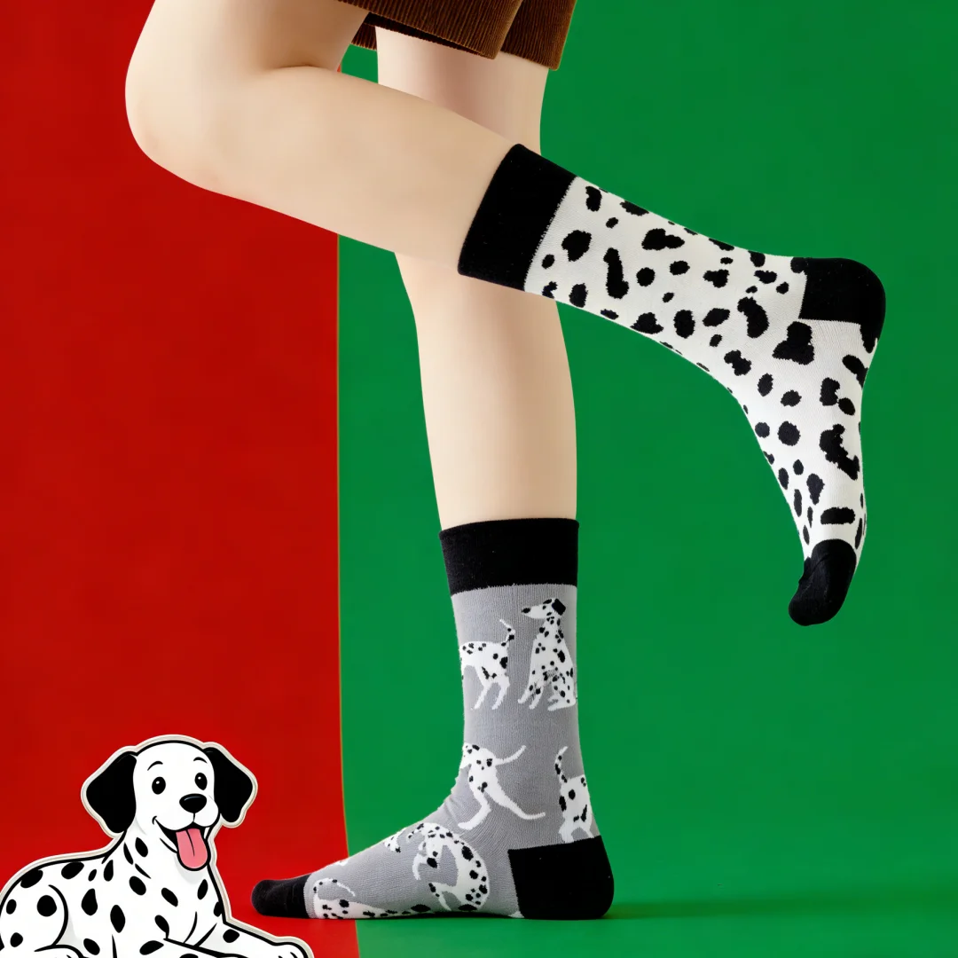 1 Pair of Creative and Unique AB Design Spotted Dog Mid-Calf Socks, Comfortable and Stylish, Perfect for All Seasons