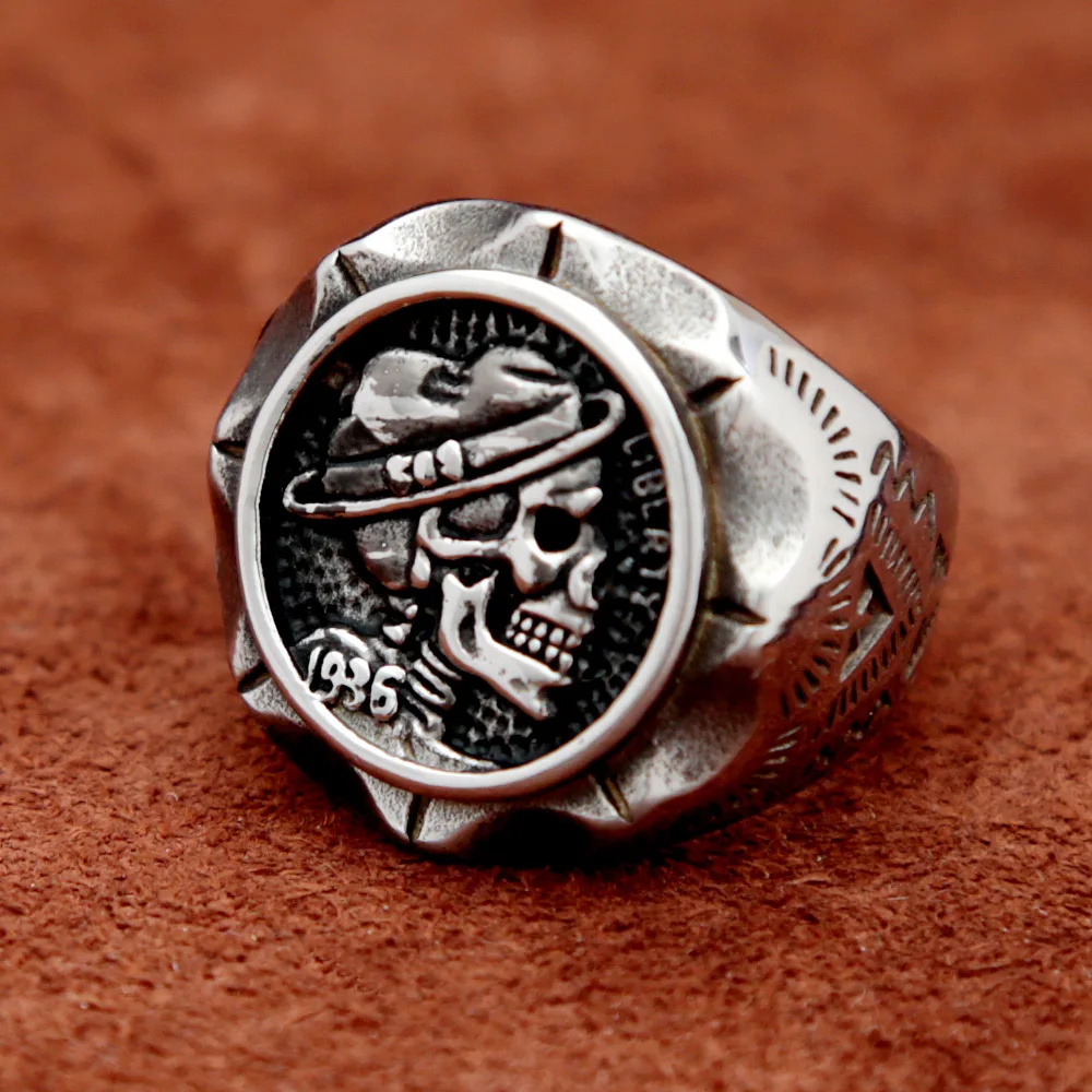 Vintage Mexican Unique Skull Ring Hobo Nicke Coin Stainless Steel Punk Skull Rings for Men Fashion Indian Jewelry Accessories