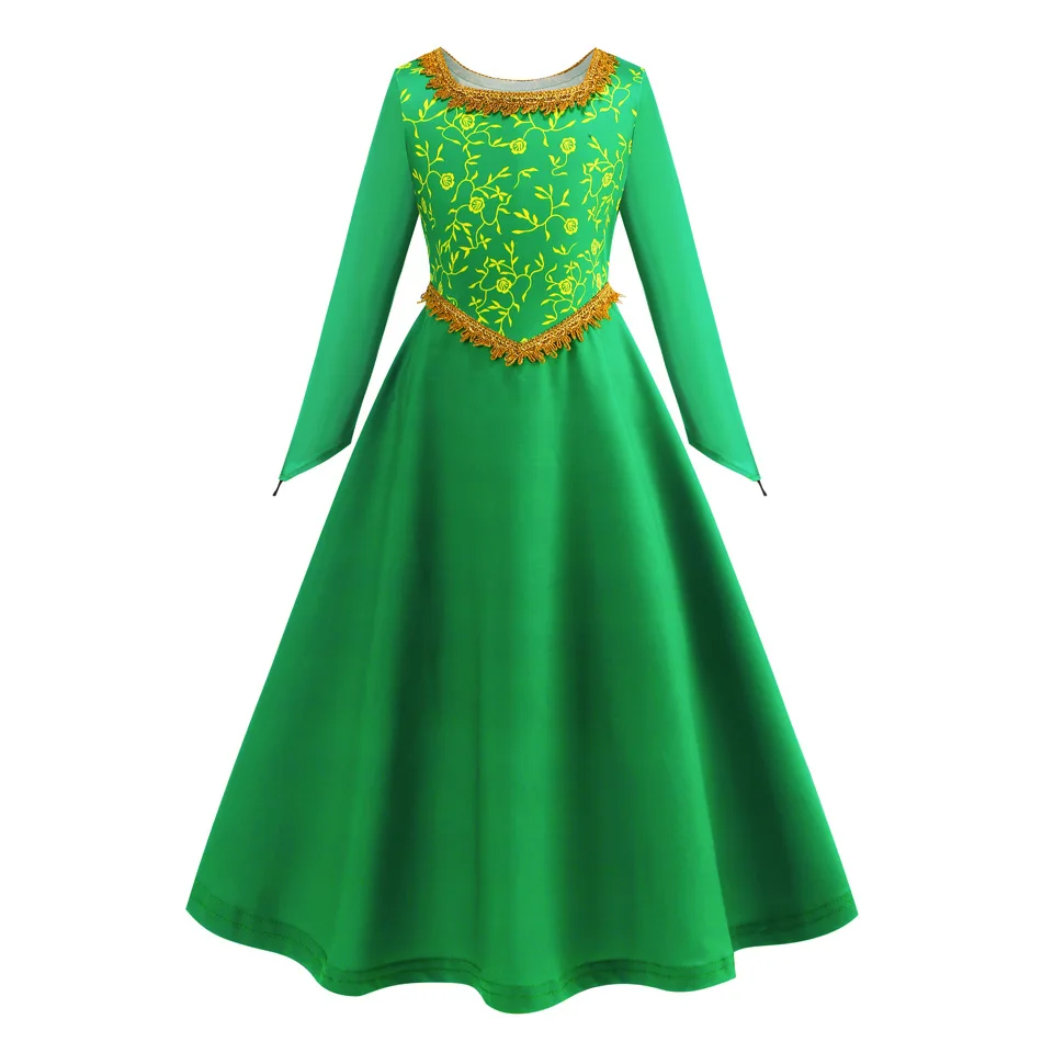 Fiona Dress Halloween Shrek Cosplay Fantasy Dress Up Green Princess Costume Children Elegant Gown Kids Long Sleeve Print Frocks