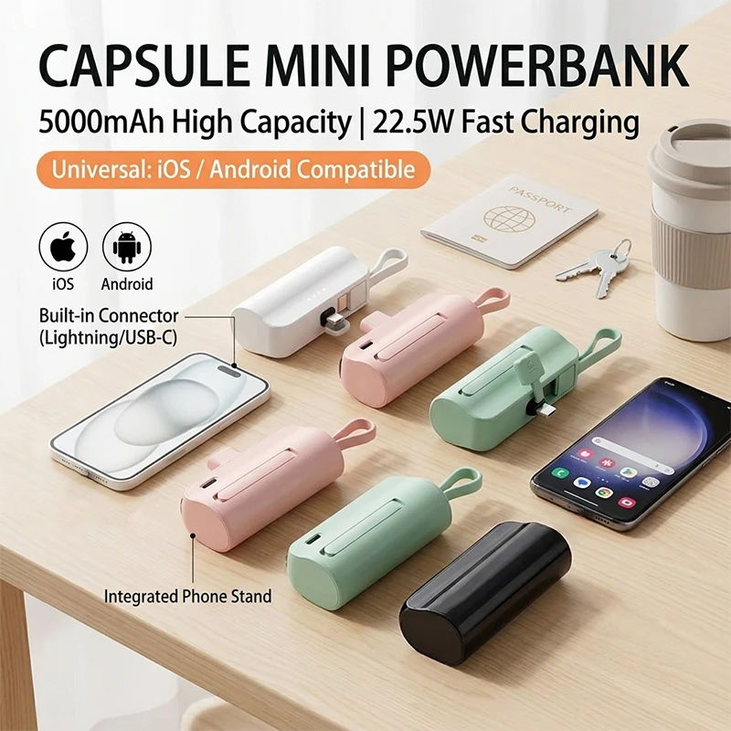 PURFIELD 5000mAh Capsule Mini Mobile Battery Pack Self‑Contained Cable Pocket Power Bank For iPhone Huawei Handset Compact