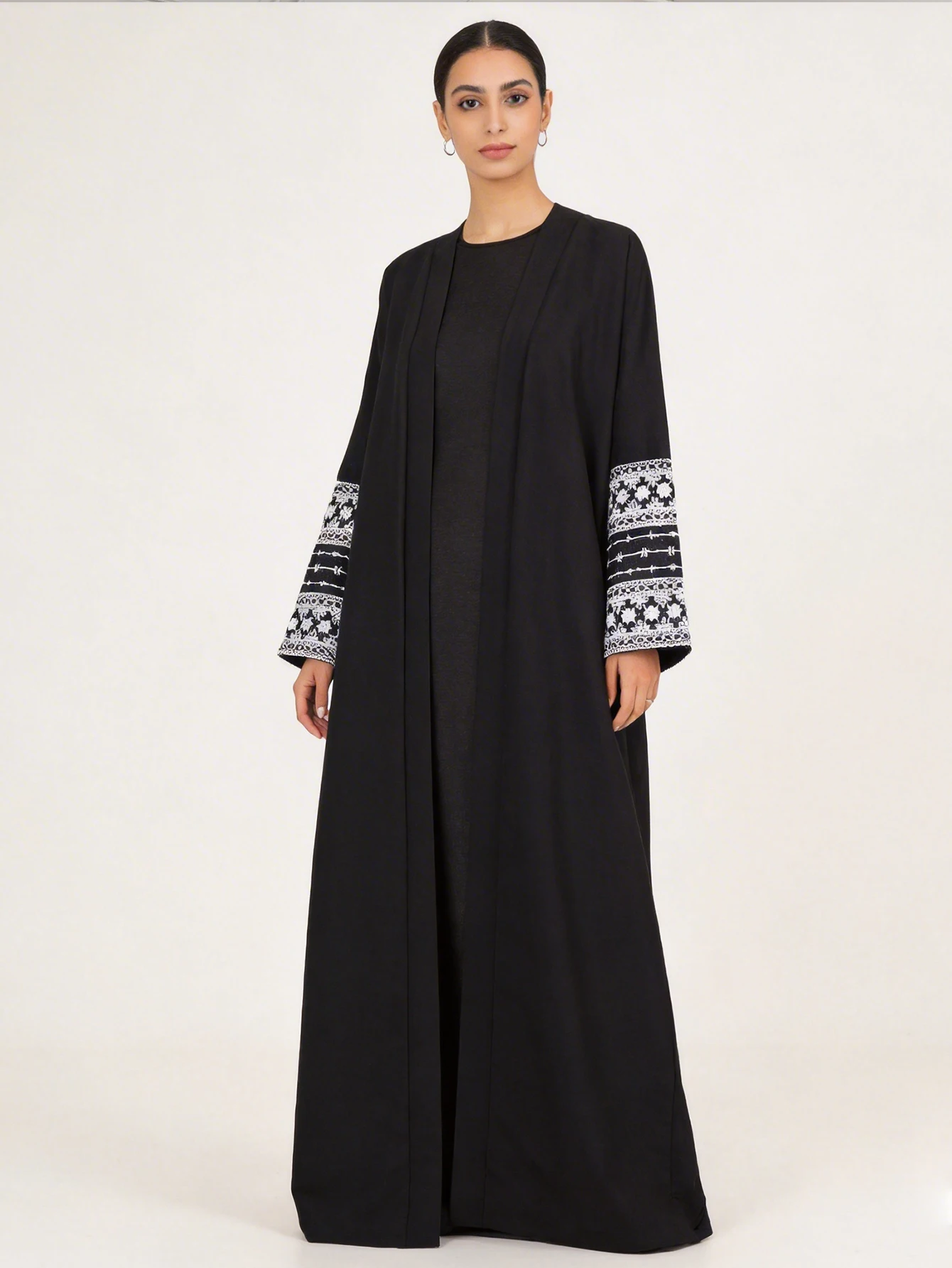 Women's Elegant Islamic Clothing Printed Patterned Robe Black Loose Long-Sleeved Abaya Arabic Robe