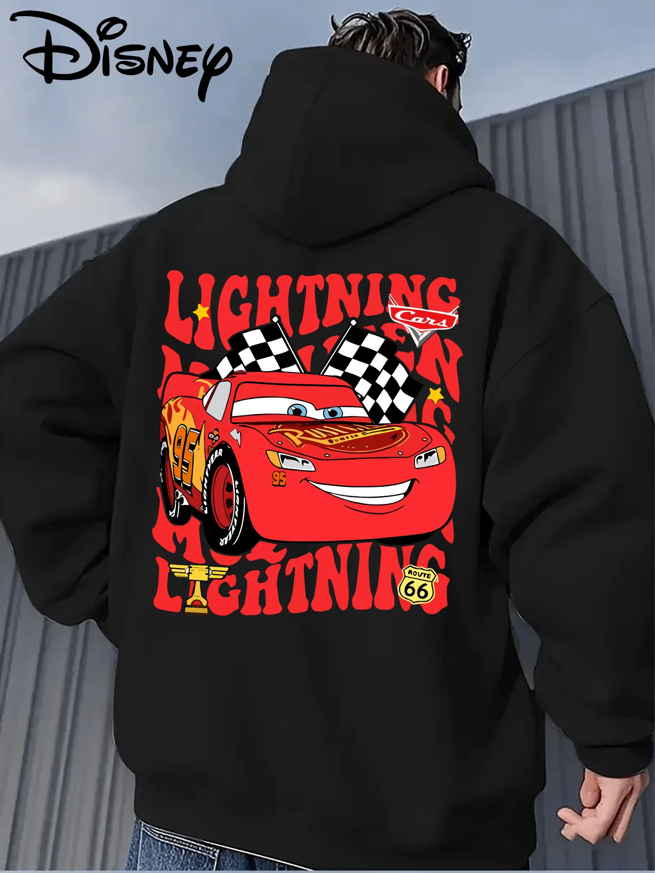 Felpa con cappuccio Disney Cars Lightning McQueen Felpa pullover con stampa grafica da corsa Giacca da strada casual in pile autunno/inverno rilassata