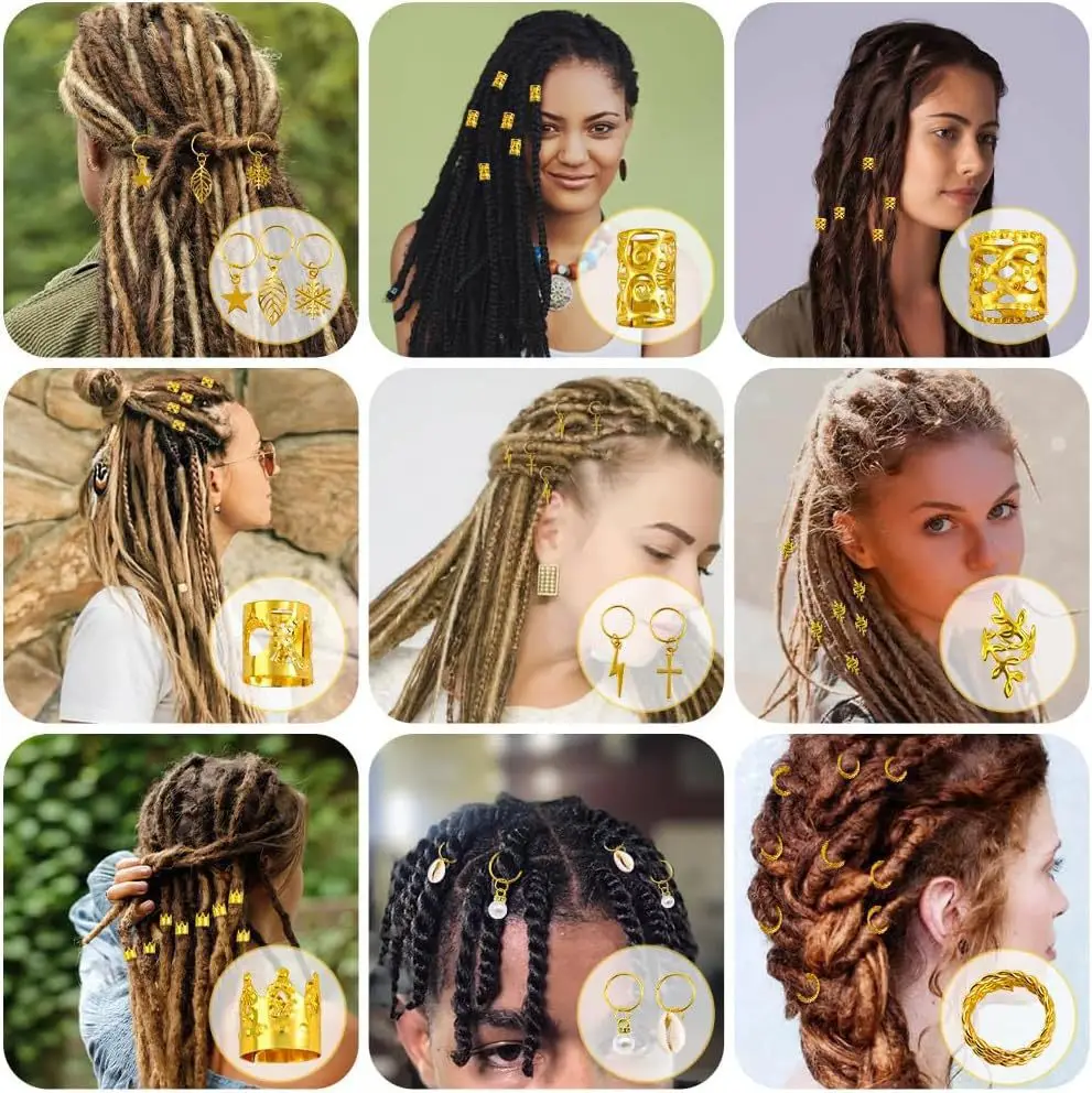 

Dreadlock Braid Accessories Kit 259Pcs Gold Tone Silver Metal Hair Cuffs Smooth Edge for Faux Locs Afro Twist Festival Styling