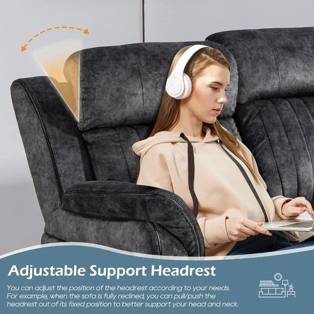 أريكة كهربائية قابلة للاستلقاء بثلاثة مقاعد مع مسند قابل للتعديل وشحن لاسلكي ومنافذ USB وحاملات أكواب ومخرج باللون الرمادي #4