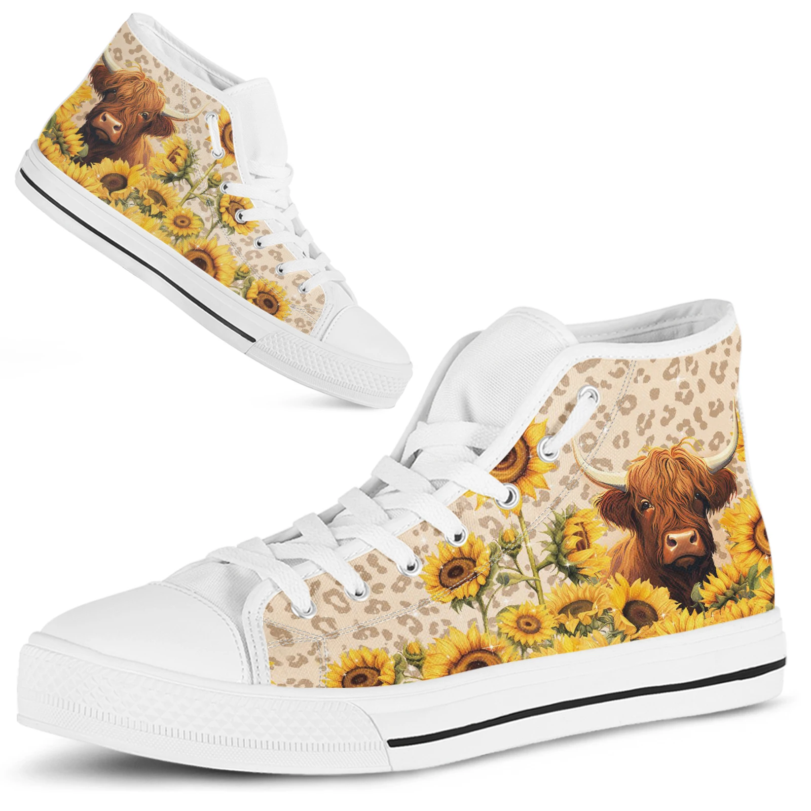 ELVISWORDS Highland Cattle High-top Women's Shoes Animal Print Comfortable Sneakers Sunflower Casual Girls' Tennis Shoes White