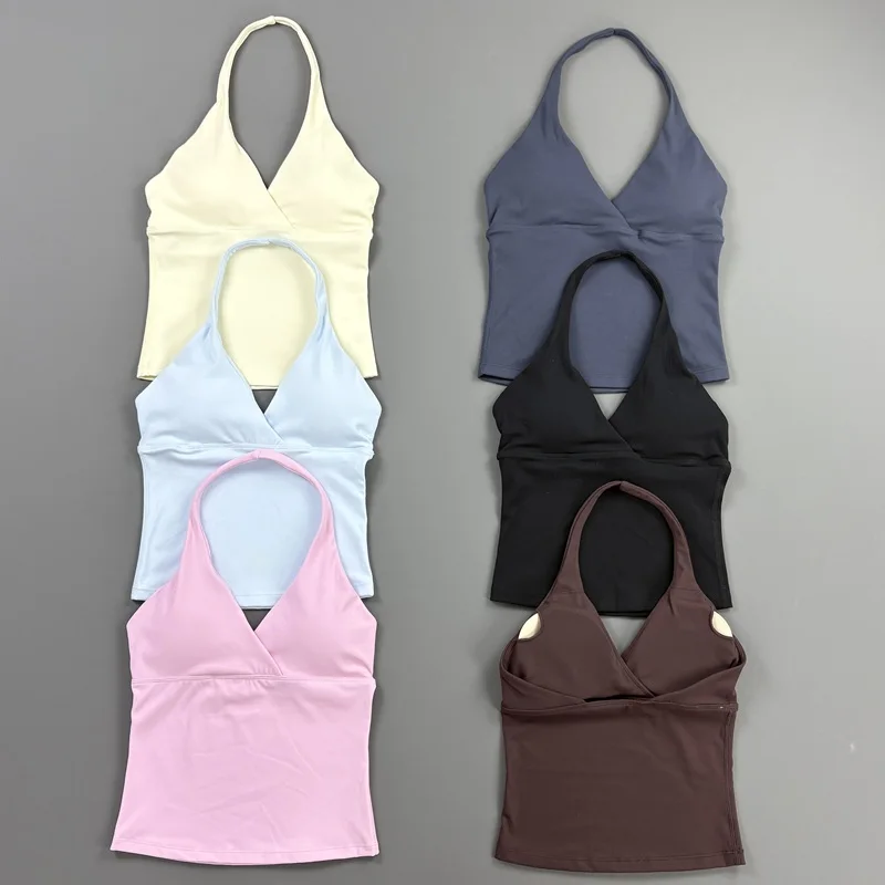 Sports Halter Top Women V Neck Tank Top Gym Quick Dry Vest Slim Fit Yoga Tank Top Removable Pad Running Pilates Workout Vest