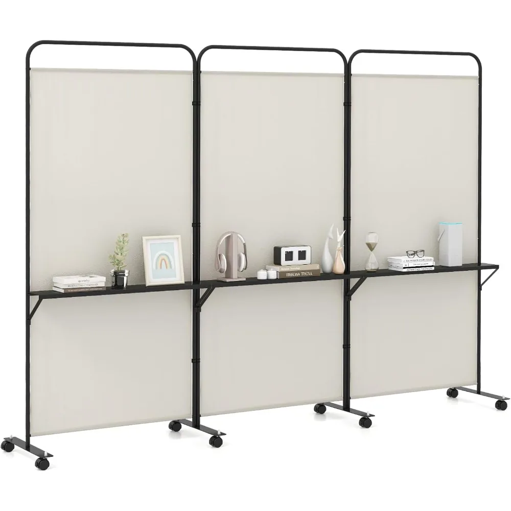

3 Panel Room Divider with Storage Shelves, 6FT Folding Privacy Screen with Lockable Wheels,Portable Rolling Wall Divider