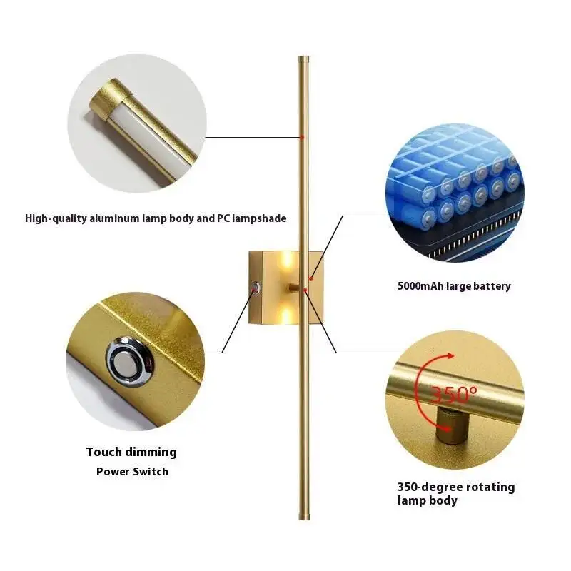 Golden Battery Operated Cordless Bedside Aisle Corridorlight Wall Lamp LED For Corridor Lighting With Remote Control