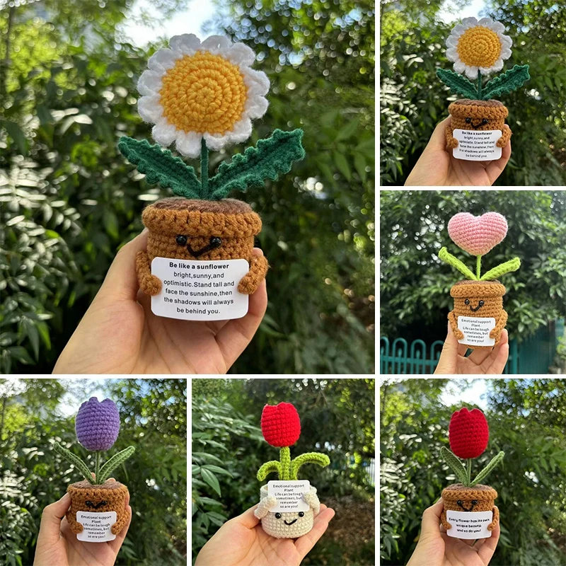 Hand-woven Pocket Hug Positive Energy Dolls Plush Knitted Potted Plants Crochet Gift With Card Home Room Decor Desktop Ornament