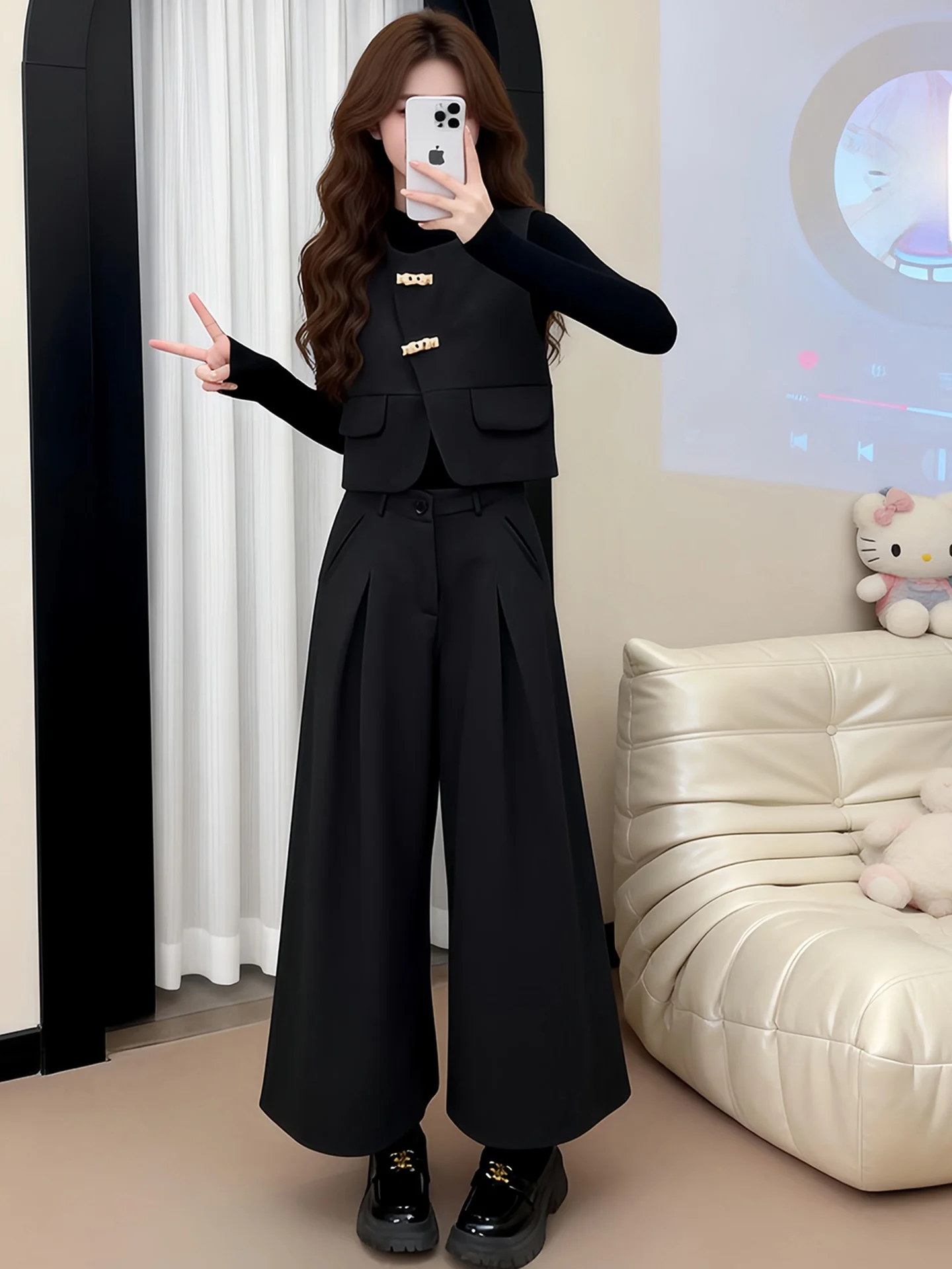 

Korean Style Fashionable Woolen Three-Piece Set Slimming High Waist Wide Leg Pants Vest Base Shirt Spring Autumn New Arrival