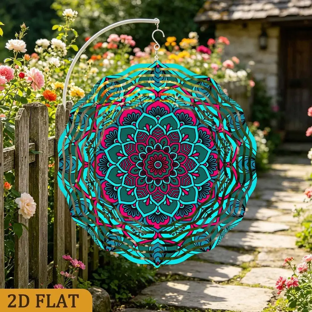 2D Flat Mandala Flower Wind Spinner - 10 Inch 3D Metal Hanging Decor with 360 Hook for Garden Patio Porch Yard Gift