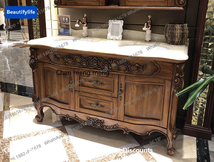 

Тумба для ванной M183 в европейском стиле, двойная раковина, массив красного дуба, антикварная комбинация раковины и зеркального шкафа