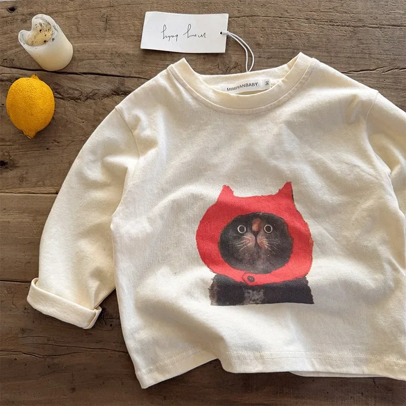 Kids Long Sleeve Cotton Basic T Shirt Baby Cute Cat Puppy Duck Print Tops Neutral Vintage Boys Girls Spring Autumn Casual Blouse