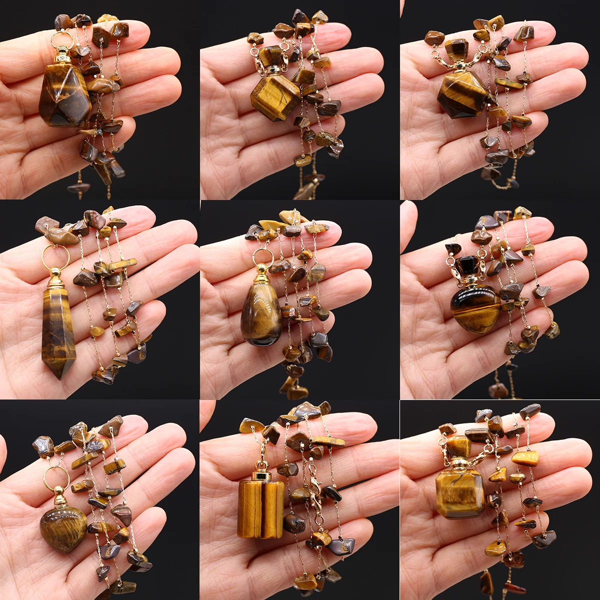 

Natural Tiger Eye Stone Perfume Bottle Pendant Natural Stone Pendant Necklace Essential Oil Diffuser for Women Jewerly Gift