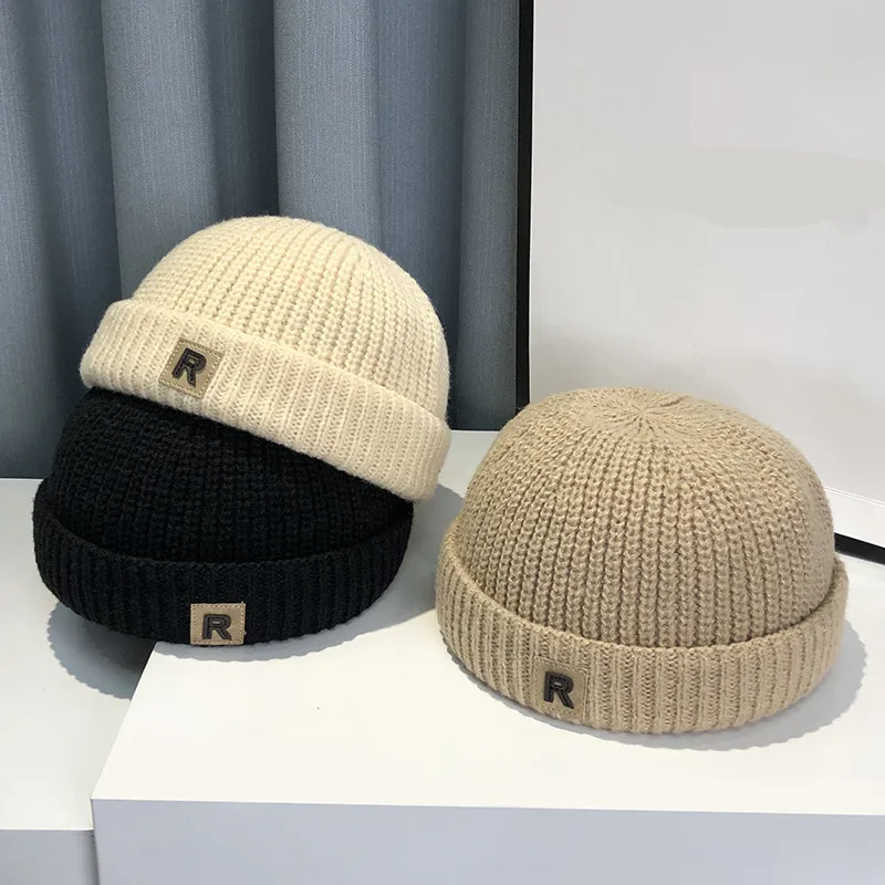 Solid Color Warm Knitting Children's Cap Autumn Winter R Letter Melon Caps for Baby Korean Casual Boys Girls Brimless Hat Beanie