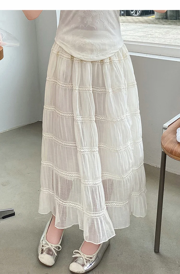 Langer weißer Spitzenrock für Mädchen, Teenager-Sommer-Tierock, Kinderkleidung mit hoher Taille, einfarbige Sommeroutfits für Kinder 5 7 9 13 14 – Detail 6