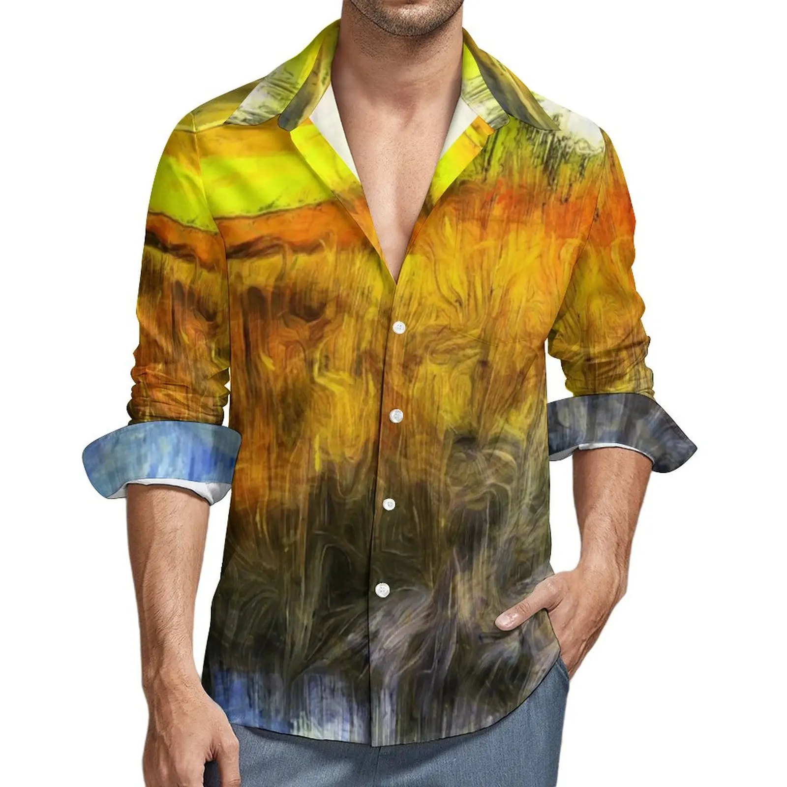 

Van Gogh Blouse Men The Sunset River Shirt Long Sleeve Retro Comfortable Casual Shirts Autumn Graphic Tops Plus Size